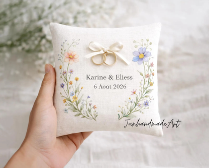 Personalized Embroidered Ring Bearer Pillow, Custom Linen Wedding Cushion, Hand Embroidery Ring Holder, Floral Ring Pillow, Wedding Gift