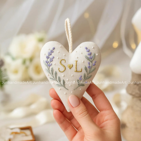 Lovely Violet Flowers Wedding Heart Ornament – Hand Embroidered Linen Floral Ornament with Names & Date – Custom Wedding Christmas Gift Decoration