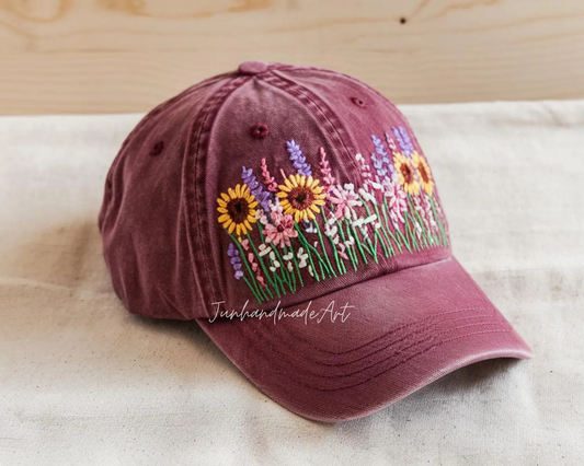 Embroidered Flower Hat – Vintage Washed Baseball Cap, Floral Cotton Hat, Soft Aesthetic Gift for Her