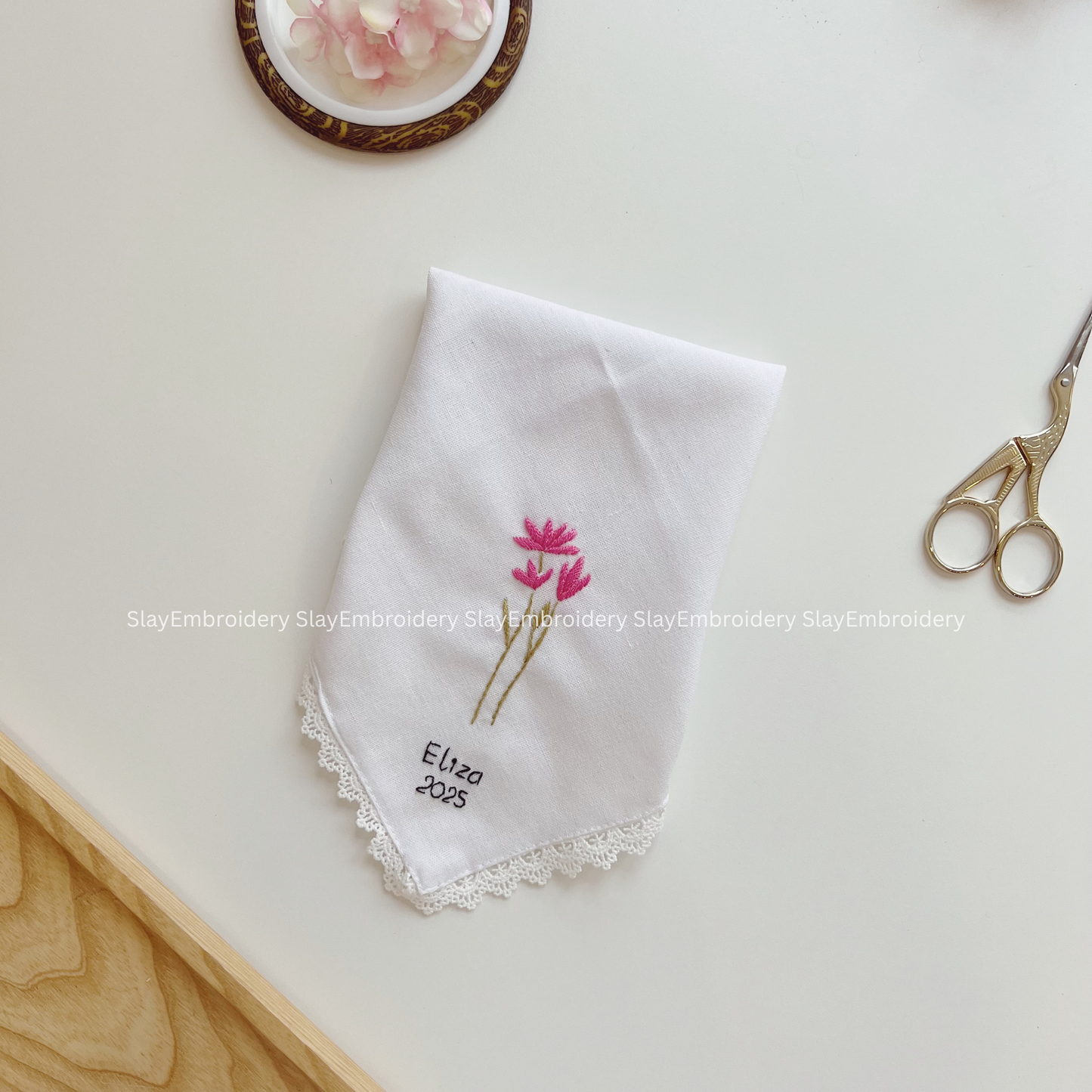 Pink Flame Wedding Handkerchief, Custom Embroidered Handkerchief, Linen Handkerchiefs