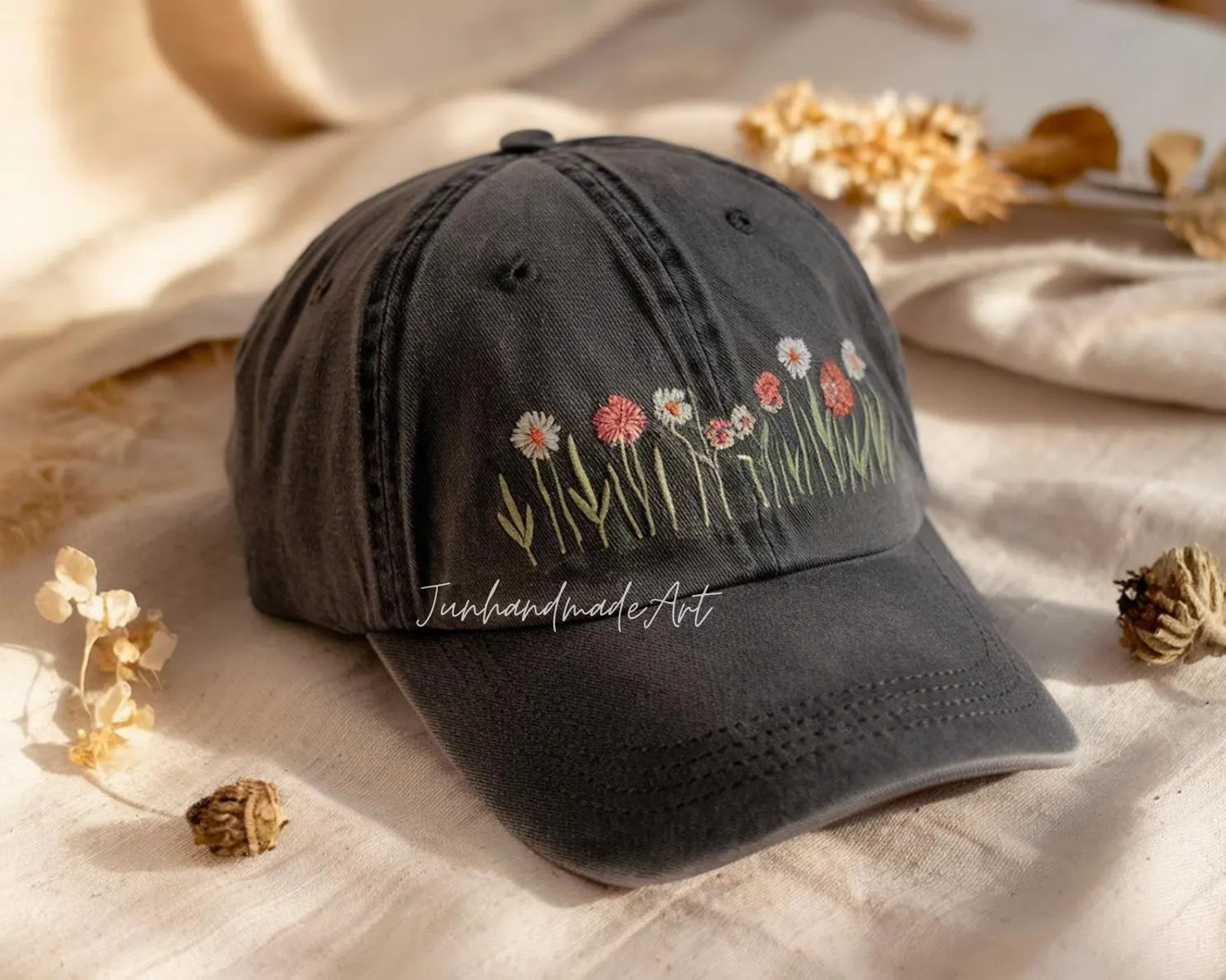 Embroidered Flower Hat – Vintage Washed Baseball Cap, Floral Cotton Hat, Soft Aesthetic Gift for Her