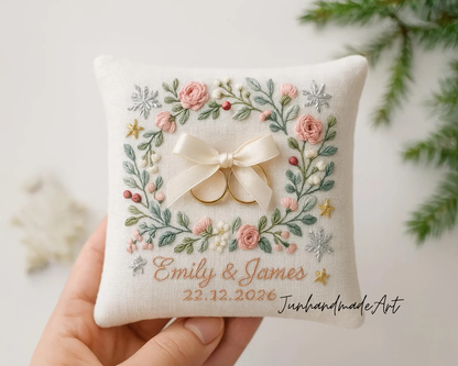 Personalized Embroidered Ring Bearer Pillow, Christmas Linen Wedding Cushion, Hand Embroidery Ring Holder Floral Ring Pillow, Christmas Gift
