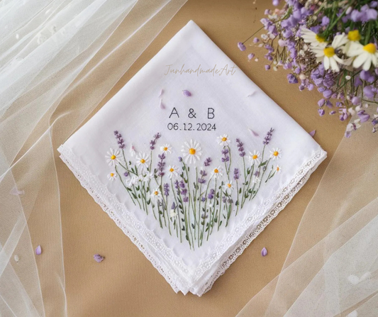Embroidered Wedding Handkerchief – Custom Floral Hankie for Bride, Bridal Gift, Personalized with Name & Date, Gift for Bride