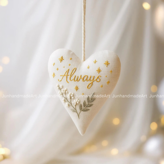 Sparkle Floral Wedding Heart Ornament – Hand Embroidered Linen Floral Ornament with Names & Date – Custom Wedding Christmas Gift Decoration