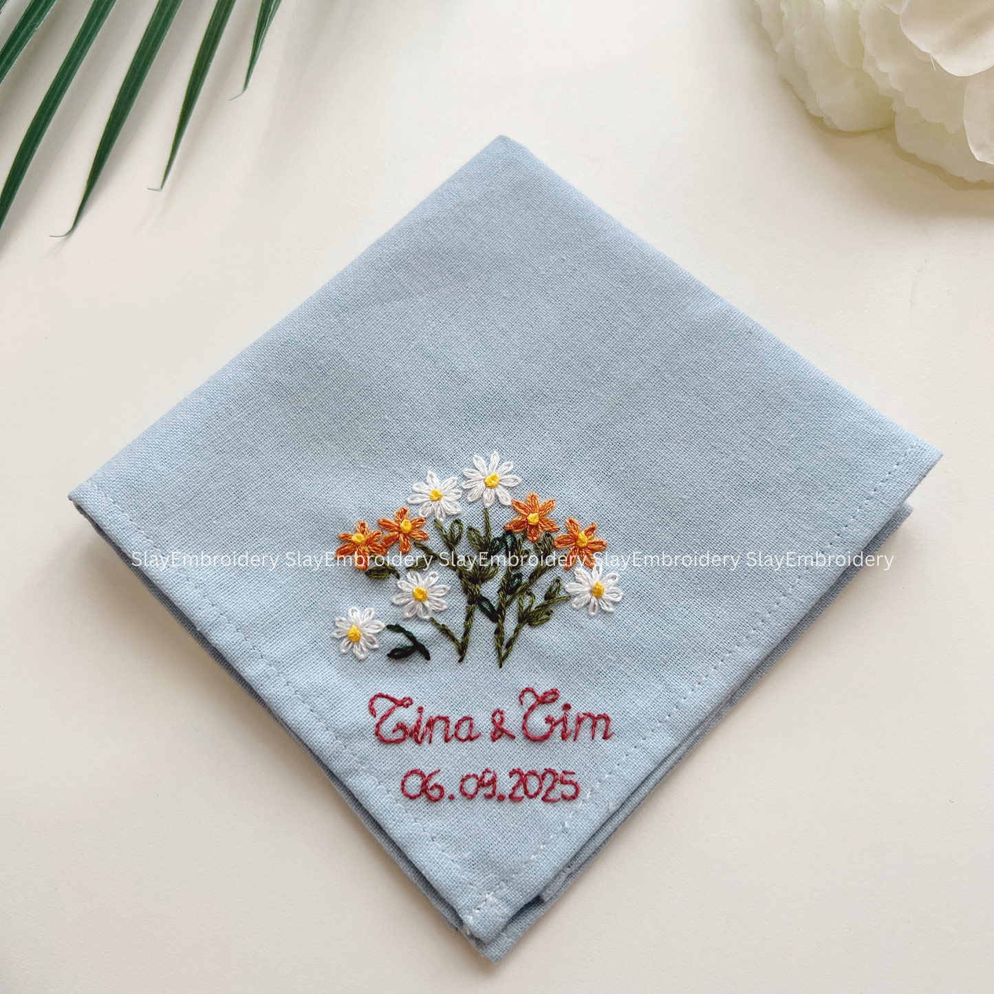 Meadow Joy Wedding Handkerchief, Custom Embroidered Handkerchief