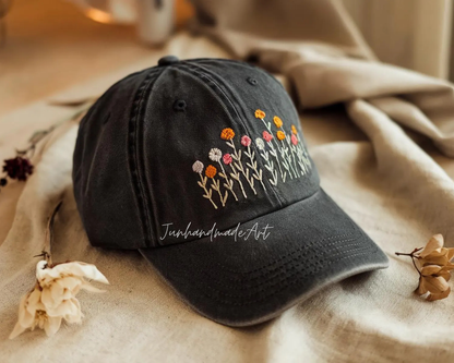 Embroidered Flower Hat – Vintage Washed Baseball Cap, Floral Cotton Hat, Soft Aesthetic Gift for Her