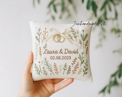 Personalized Embroidered Ring Bearer Pillow, Winter Leaf Garden Wedding Gift, Hand Embroidery Ring Holder Leaf Woodland Pillow, Custom Name