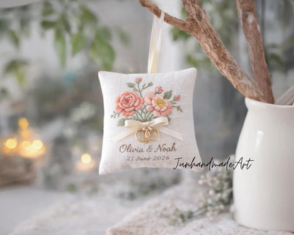 Personalized Embroidered Ring Bearer Pillow, Custom Linen Wedding Cushion, Hand Embroidery Ring Holder, Floral Ring Pillow, Wedding Gift