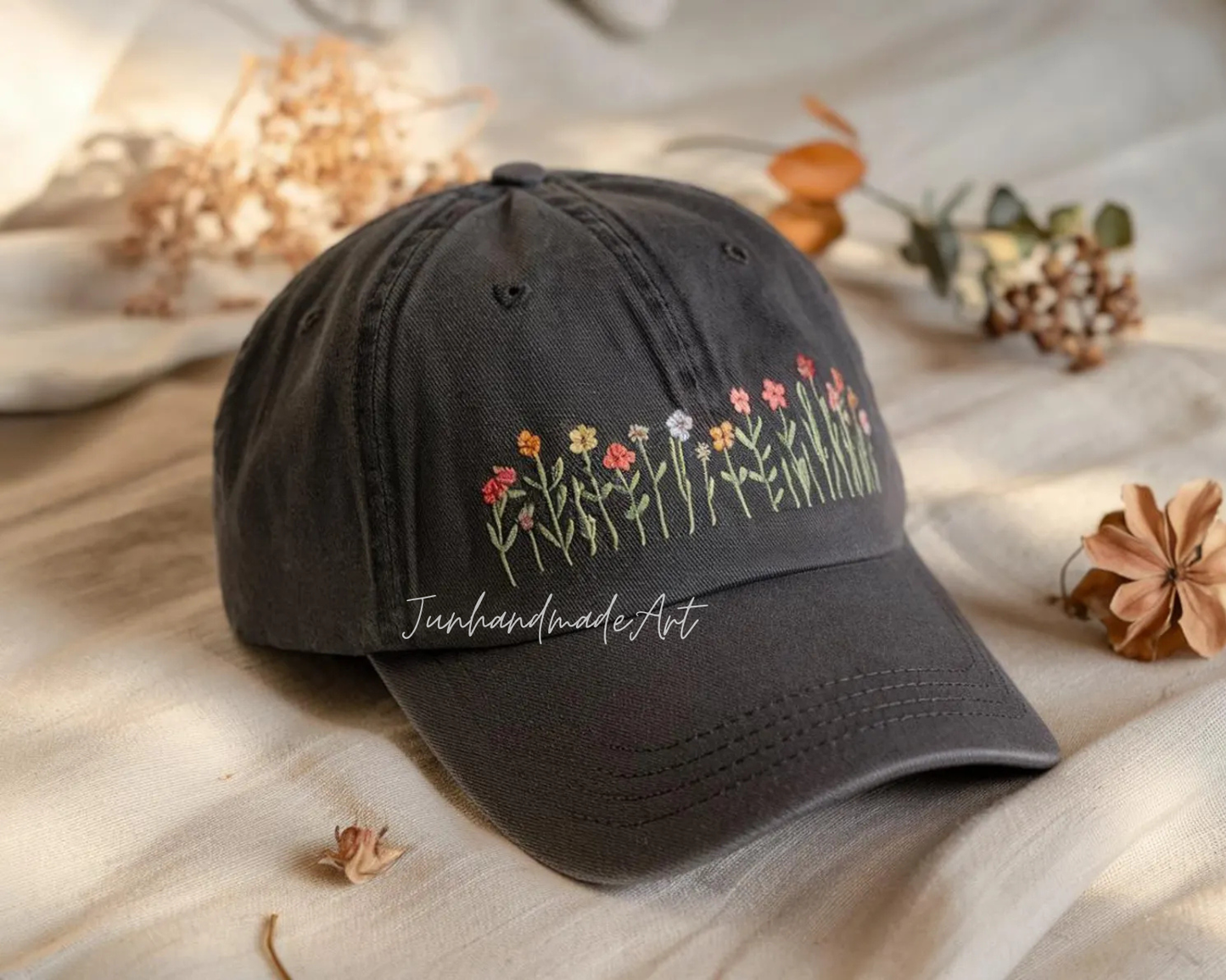 Embroidered Flower Hat – Vintage Washed Baseball Cap, Floral Cotton Hat, Soft Aesthetic Gift for Her