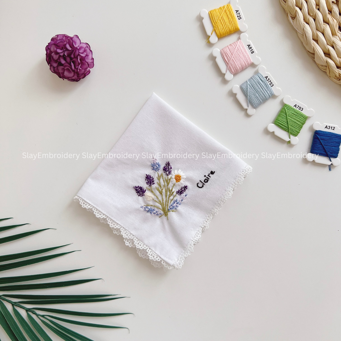 Fields Of Lavender Light Wedding Handkerchief, Custom Embroidered Handkerchief, Linen Handkerchiefs