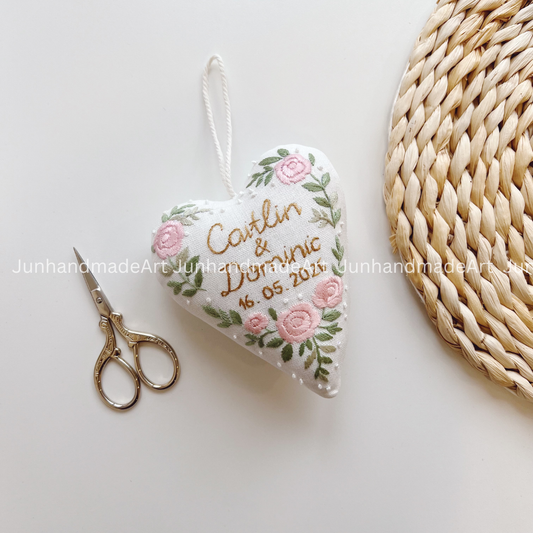 Romantic Roses Heart Ornament – Hand Embroidered Linen Floral Ornament – Custom Decoration