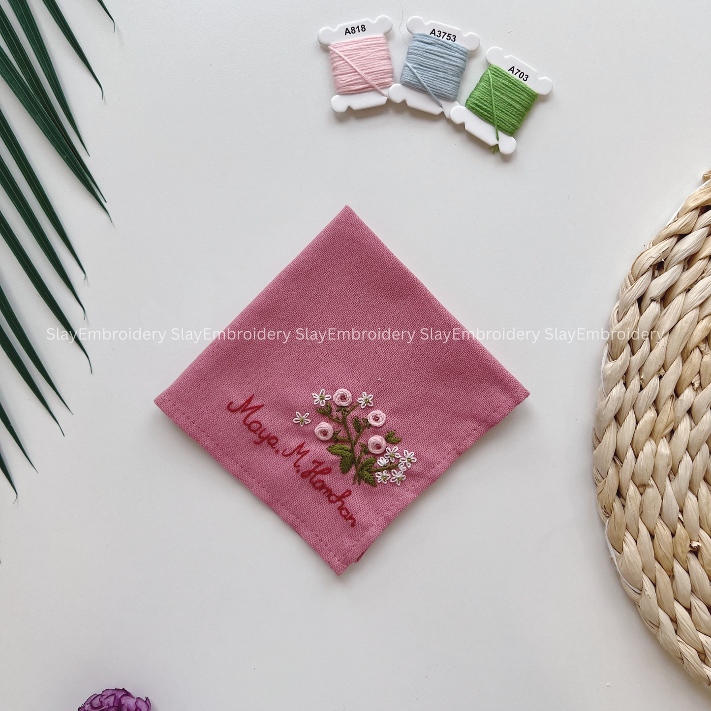 Daisy Pink Roses Wedding Handkerchief, Custom Embroidered Handkerchief