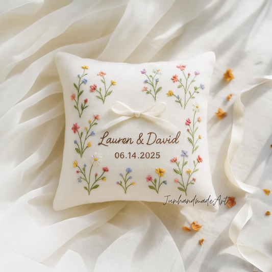 Personalized Embroidered Ring Bearer Pillow, Custom Linen Wedding Cushion, Hand Embroidery Ring Holder, Floral Ring Pillow, Wedding Gift