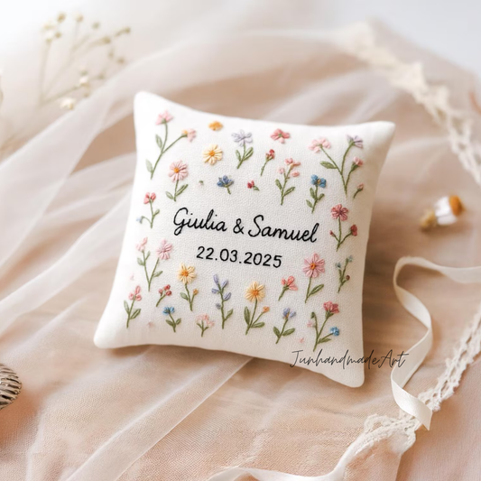 Personalized Embroidered Ring Bearer Pillow, Custom Linen Wedding Cushion, Hand Embroidery Ring Holder, Floral Ring Pillow, Wedding Gift