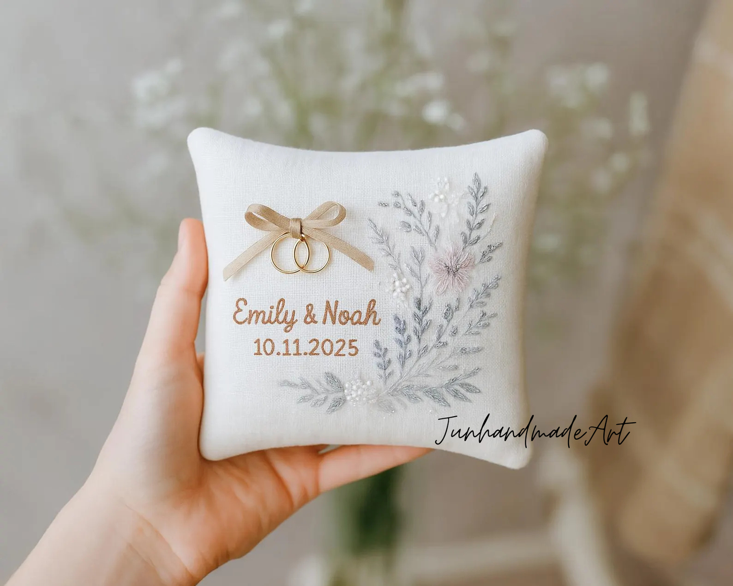Personalized Embroidered Ring Bearer Pillow, Winter Leaf Linen Wedding Gift, Hand Embroidery Ring Holder Leaf Woodland Pillow, Custom Name
