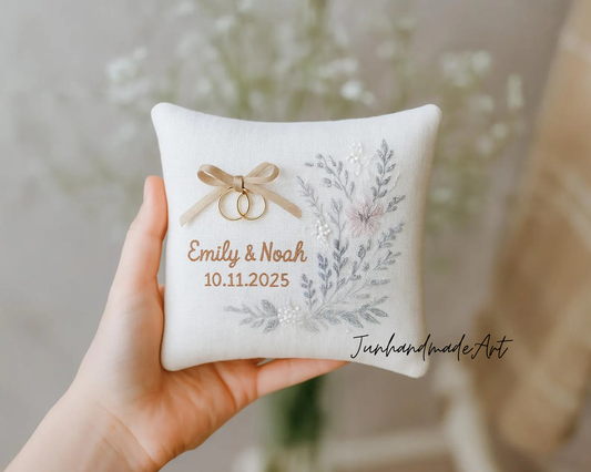 Personalized Embroidered Ring Bearer Pillow, Winter Leaf Linen Wedding Gift, Hand Embroidery Ring Holder Leaf Woodland Pillow, Custom Name