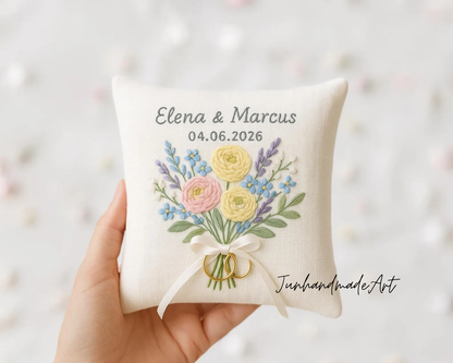 Personalized Embroidered Ring Bearer Pillow, Custom Linen Wedding Cushion, Hand Embroidery Ring Holder, Floral Ring Pillow, Wedding Gift