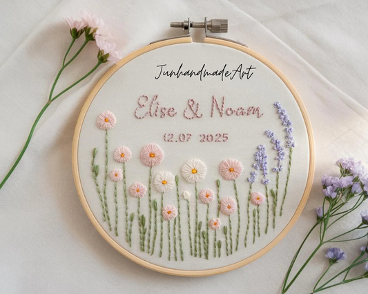 Custom Wedding Embroidery Hoop with Flowers and Names – Personalized Hand Embroidered Wildflowers Gift for Couple, Anniversary