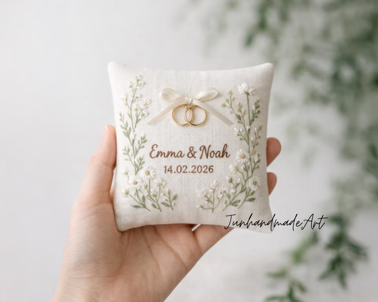 Personalized Valentine Ring Bearer Pillow – Embroidered Wedding Gift with Couple's Names & Date, Wedding Ring Pillow