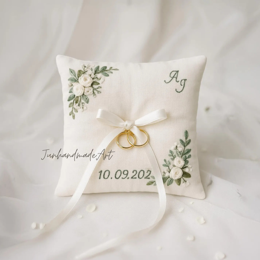 Personalized Embroidered Ring Bearer Pillow, Custom Linen Wedding Cushion, Hand Embroidery Ring Holder, Floral Ring Pillow, Wedding Gift