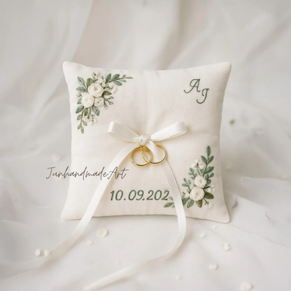 Personalized Embroidered Ring Bearer Pillow, Custom Linen Wedding Cushion, Hand Embroidery Ring Holder, Floral Ring Pillow, Wedding Gift