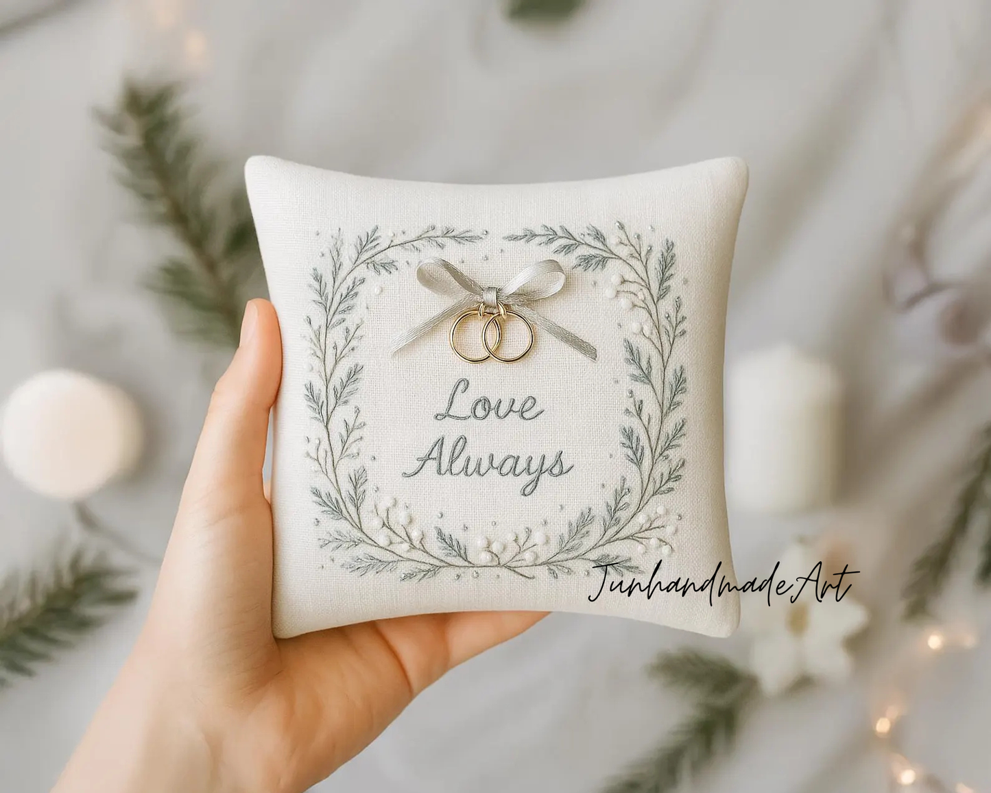 Personalized Embroidered Ring Bearer Pillow, Winter Leaf Linen Wedding Gift, Hand Embroidery Ring Holder Leaf Woodland Pillow, Custom Name