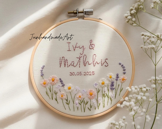 Custom Wedding Embroidery Hoop with Flowers and Names – Personalized Hand Embroidered Wildflowers Gift for Couple, Anniversary