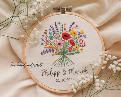 Custom Wedding Embroidery Hoop with Flowers and Names – Personalized Hand Embroidered Wildflowers Gift for Couple, Anniversary