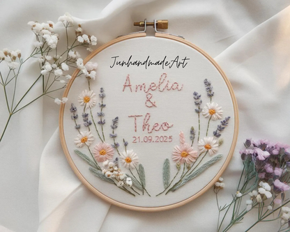 Custom Wedding Embroidery Hoop with Flowers and Names – Personalized Hand Embroidered Wildflowers Gift for Couple, Anniversary