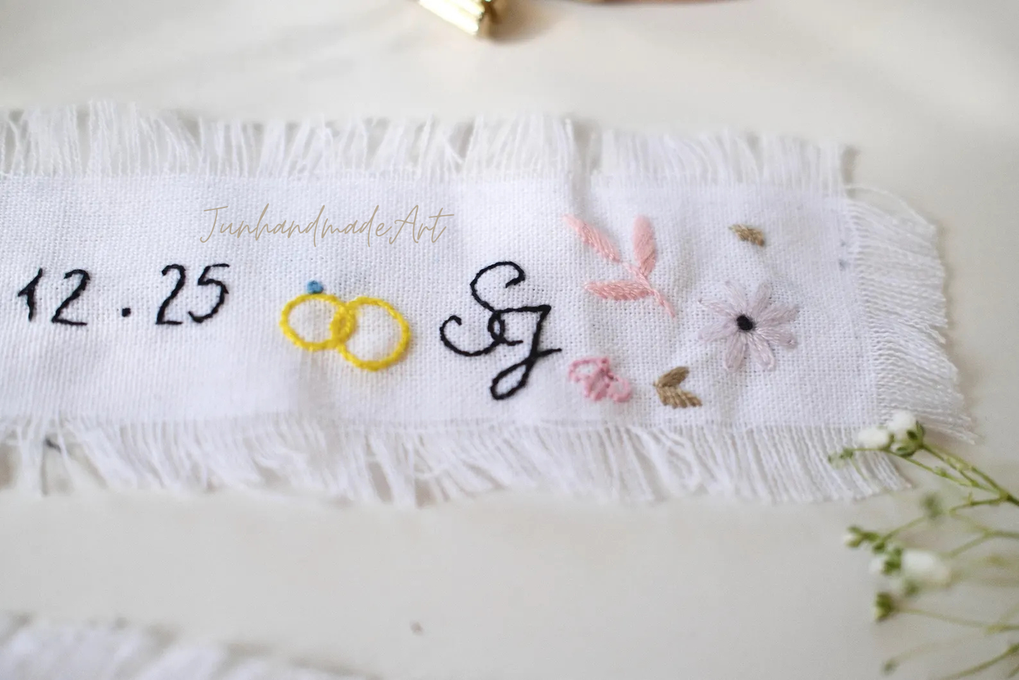 Personalized Embroidered Wedding Ribbon – Custom Linen Tie for Bouquet or Hair, Hand-stitched with Names & Date, Bridal Keepsake Gift