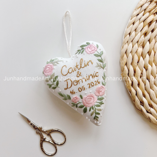 Romantic Roses Heart Ornament – Hand Embroidered Linen Floral Ornament – Custom Decoration