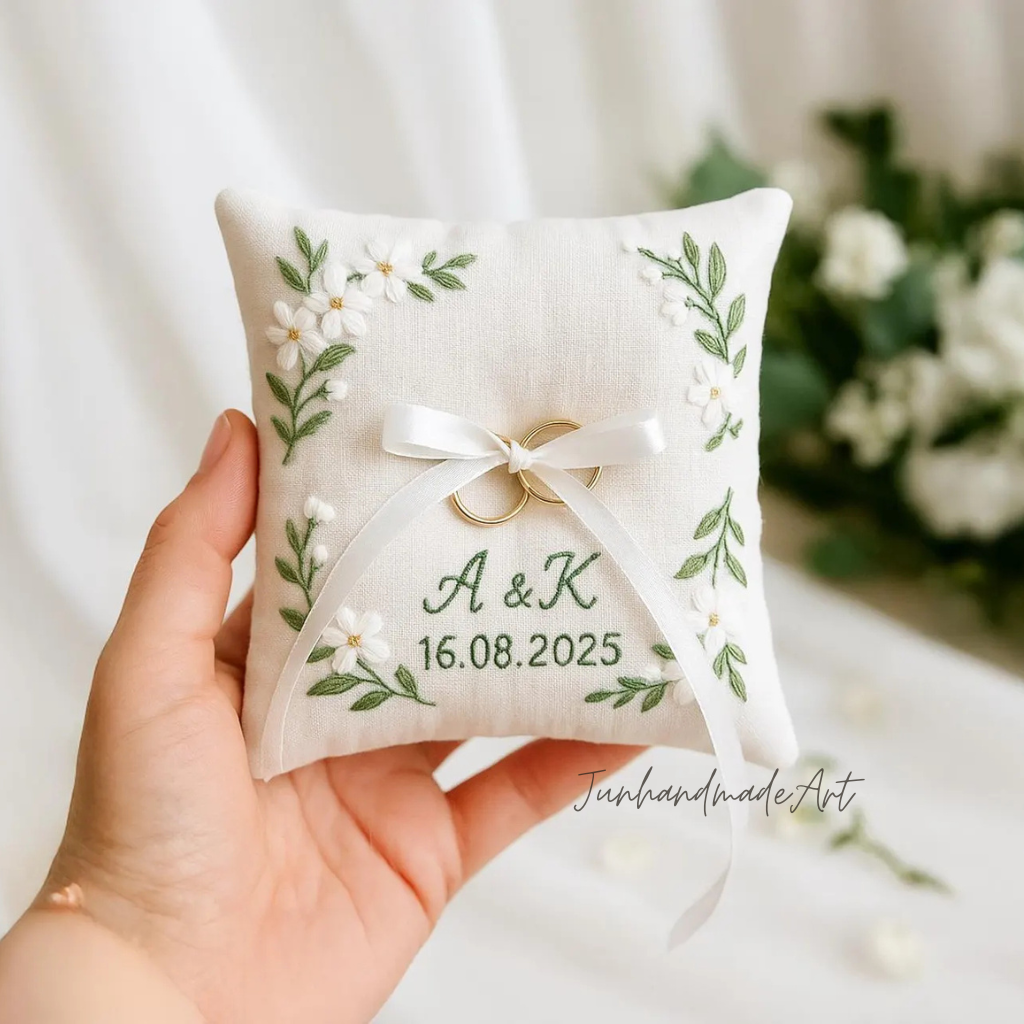 Personalized Embroidered Ring Bearer Pillow, Custom Linen Wedding Cushion, Hand Embroidery Ring Holder, Floral Ring Pillow, Wedding Gift