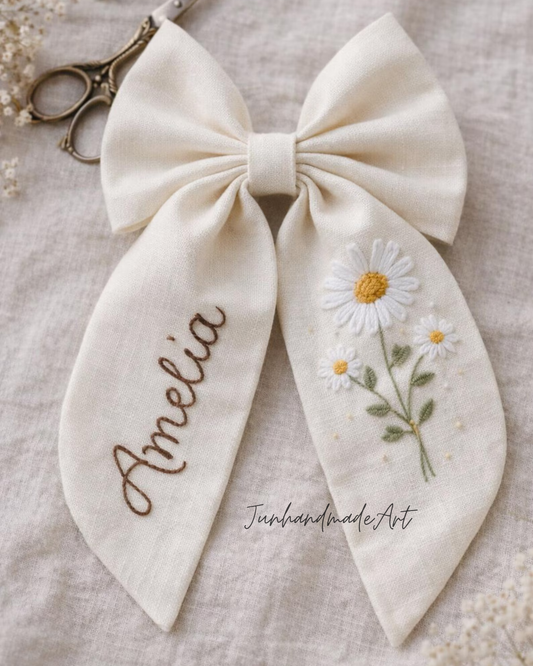 Personalized Linen Hair Bow – Hand Embroidered Flower Bow with Initial – Custom Name Text Bow for Girls, Handmade Hairpin Bow for Girl