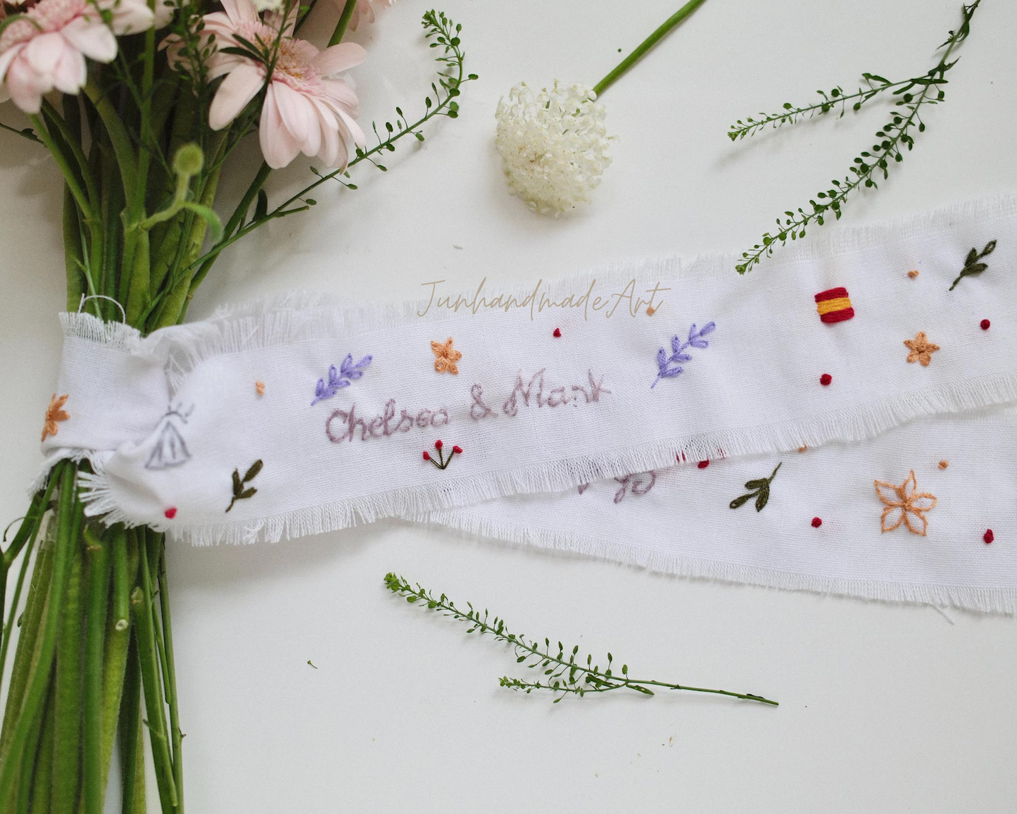 Personalized Embroidered Wedding Ribbon – Custom Linen Tie for Bouquet or Hair, Hand-stitched with Names & Date, Bridal Keepsake Gift