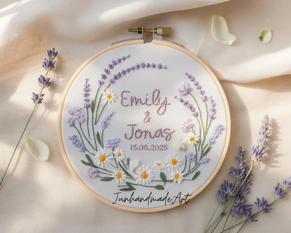 Custom Wedding Embroidery Hoop with Flowers and Names – Personalized Hand Embroidered Wildflowers Gift for Couple, Anniversary