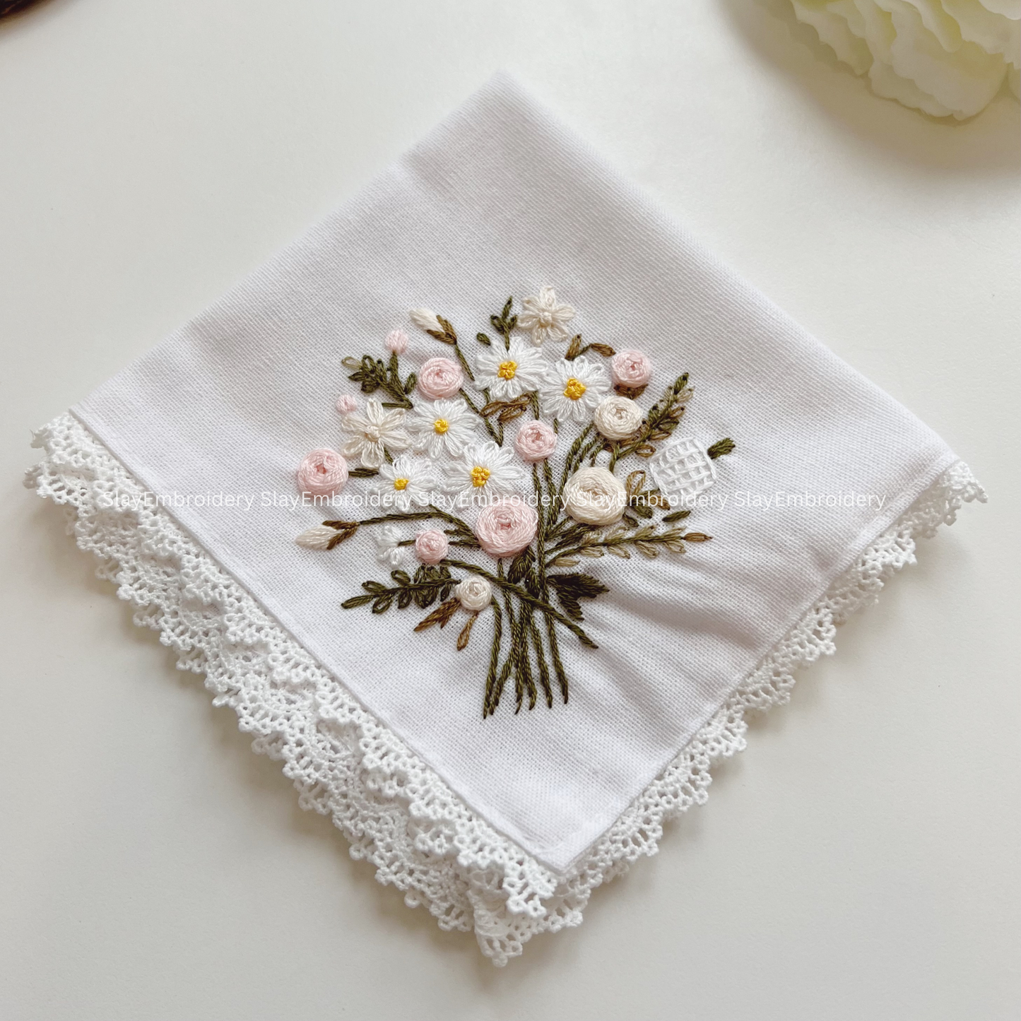 Pastel Bloom Wedding Handkerchief, Custom Embroidered Handkerchief, Linen Handkerchiefs