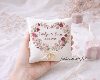 Personalized Valentine Ring Bearer Pillow – Embroidered Wedding Gift with Couple's Names & Date, Wedding Ring Pillow