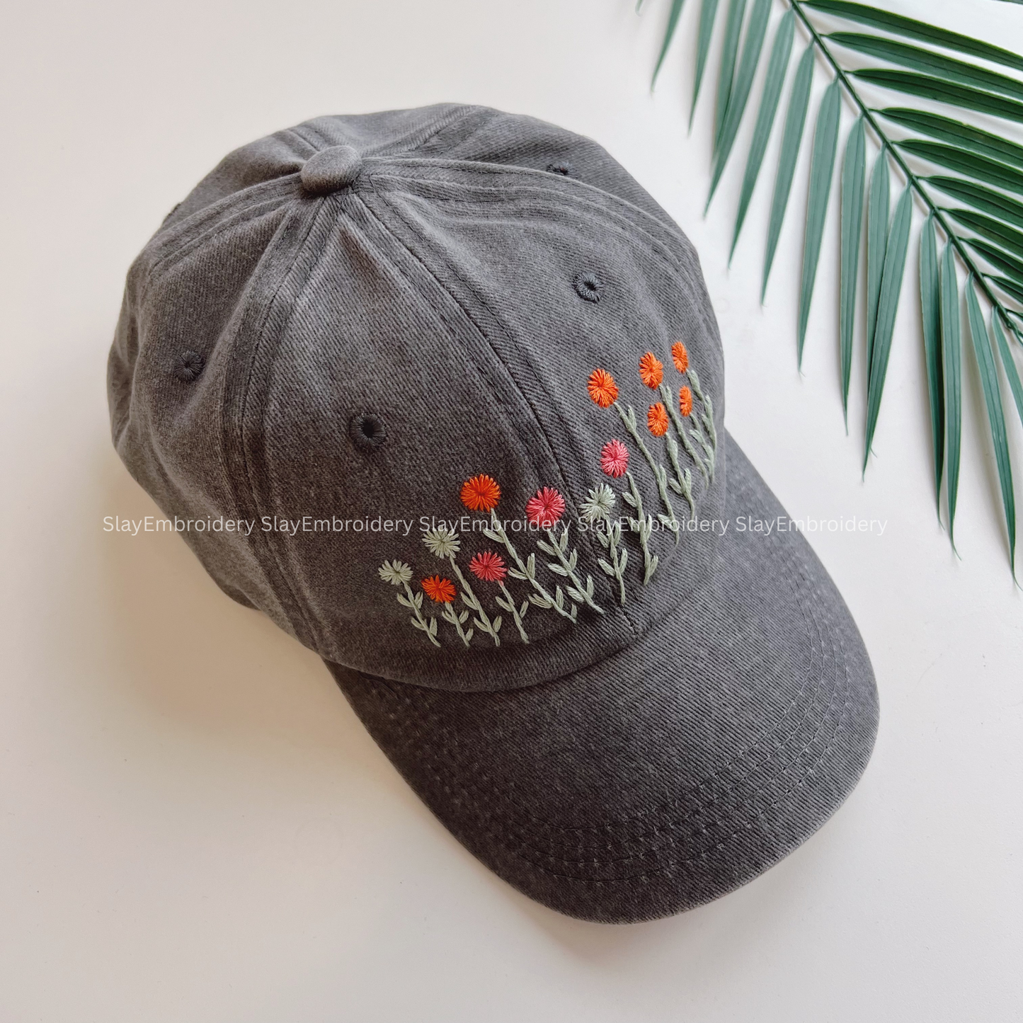 Rose & Daisy Bloom Summer Hand Embroidery Hat Vintage Hat Washed Baseball Cap