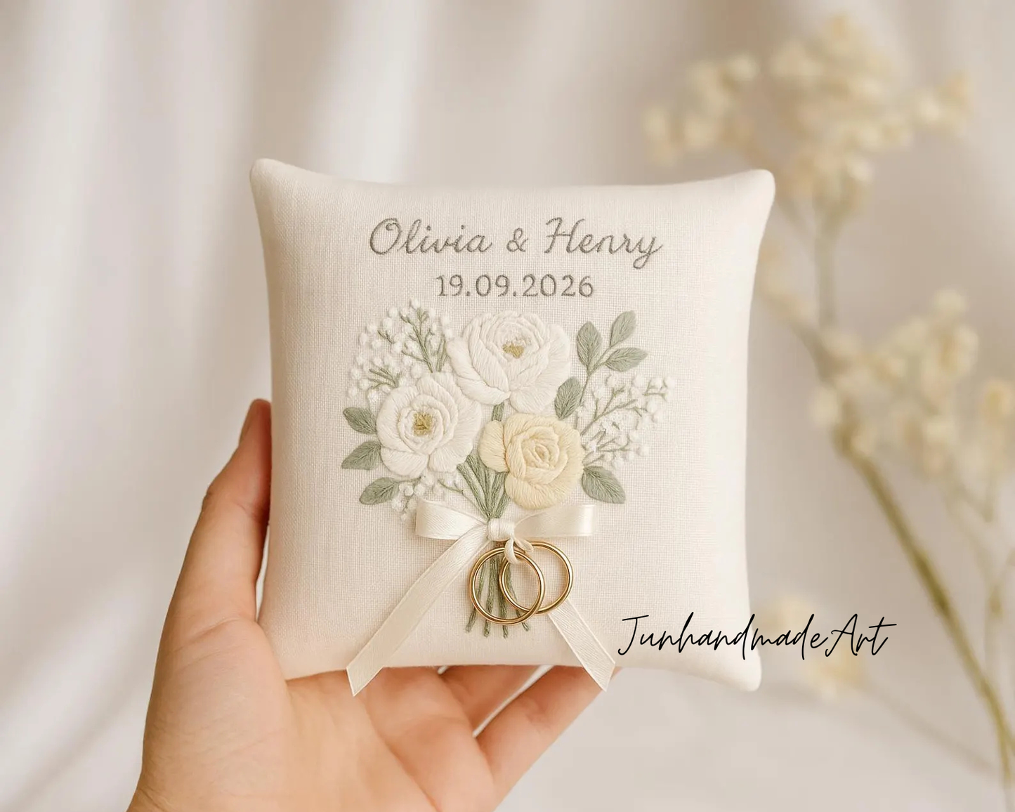 Personalized Embroidered Ring Bearer Pillow, Custom Linen Wedding Cushion, Hand Embroidery Ring Holder, Floral Ring Pillow, Wedding Gift