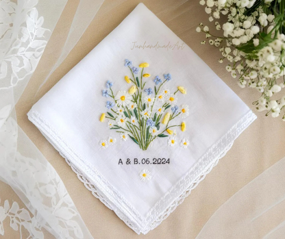 Embroidered Wedding Handkerchief – Custom Floral Hankie for Bride, Bridal Gift, Personalized with Name & Date, Gift for Bride