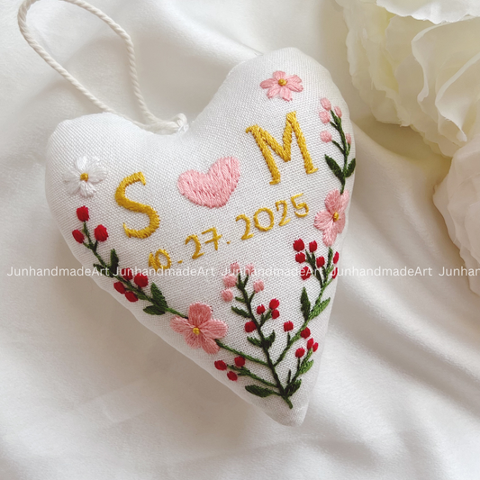 Pink Floral Heart Ornament – Hand Embroidered Linen Floral Ornament – Custom Decoration