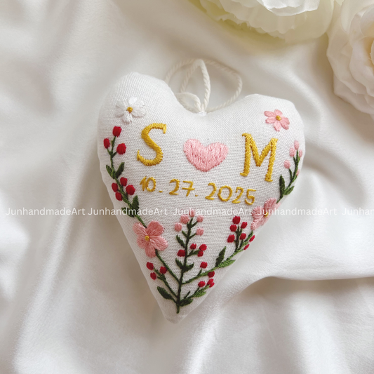 Pink Floral Heart Ornament – Hand Embroidered Linen Floral Ornament – Custom Decoration
