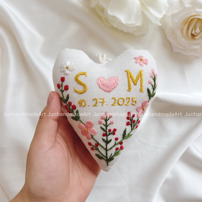 Pink Floral Heart Ornament – Hand Embroidered Linen Floral Ornament – Custom Decoration