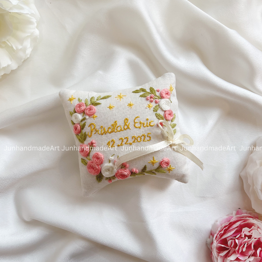 Pink and White Roses Wreath Bearer Pillow Linen Wedding Cushion Hand Embroidery Ring Holder Floral Ring Pillow Wedding Gift