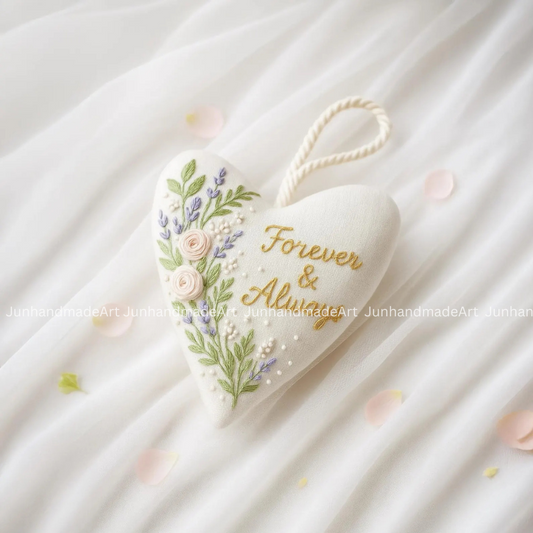 Flower Branch Wedding Heart Ornament – Hand Embroidered Linen Floral Ornament with Names & Date – Custom Wedding Christmas Gift Decoration