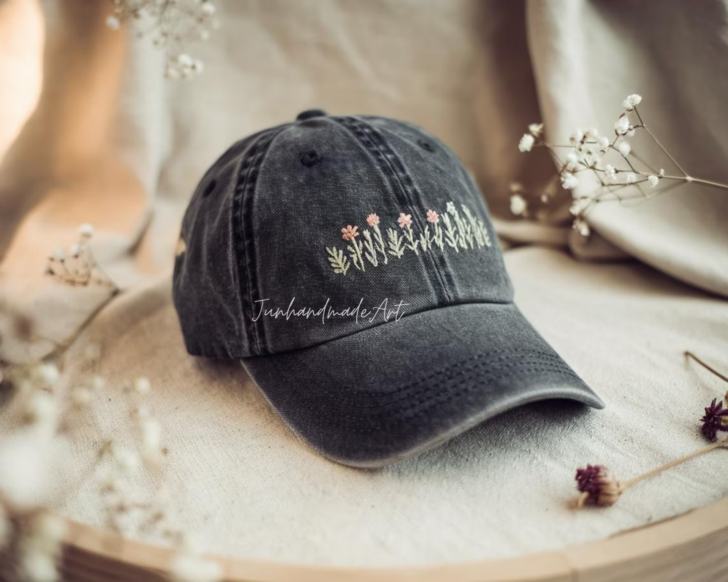 Embroidered Flower Hat – Vintage Washed Baseball Cap, Floral Cotton Hat, Soft Aesthetic Gift for Her