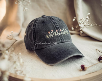 Embroidered Flower Hat – Vintage Washed Baseball Cap, Floral Cotton Hat, Soft Aesthetic Gift for Her