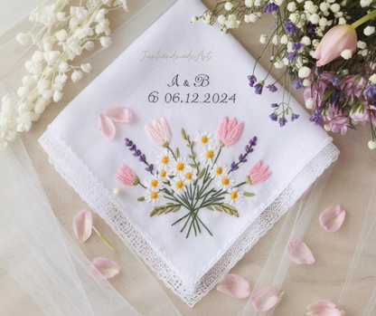 Embroidered Wedding Handkerchief – Custom Floral Hankie for Bride, Bridal Gift, Personalized with Name & Date, Gift for Bride
