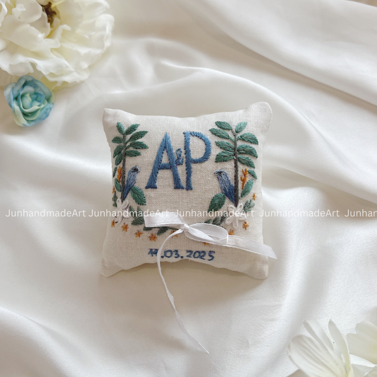 Blue Birds Bearer Pillow Linen Wedding Cushion Hand Embroidery Ring Holder Floral Ring Pillow Wedding Gift