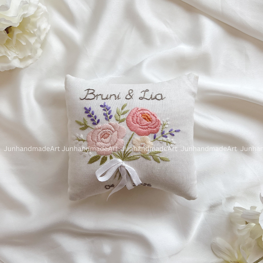 Magical Roses Bearer Pillow Linen Wedding Cushion Hand Embroidery Ring Holder Floral Ring Pillow Wedding Gift